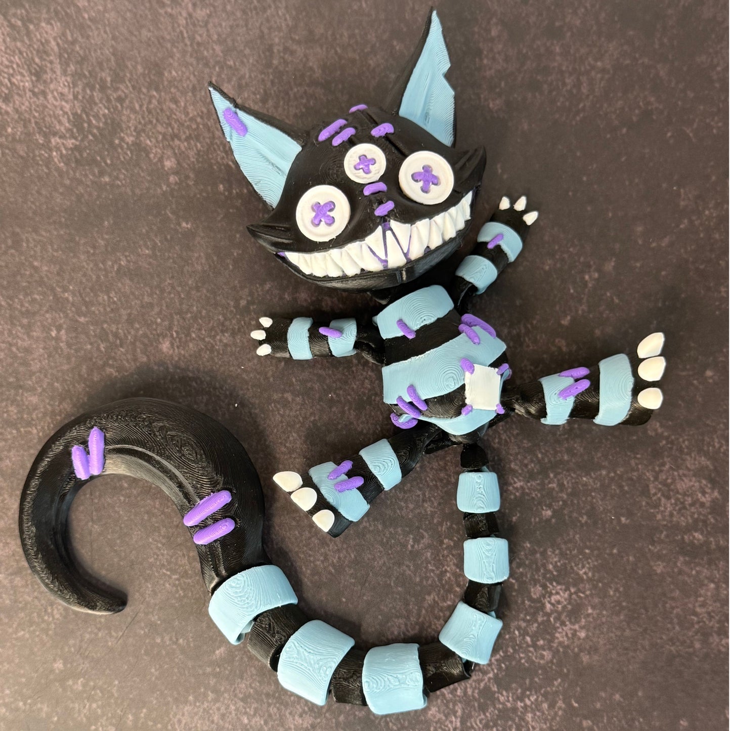 Creepy Stuffed Cat with Button Eyes & Curved Tail – 3D Printed Spooky Halloween Decor