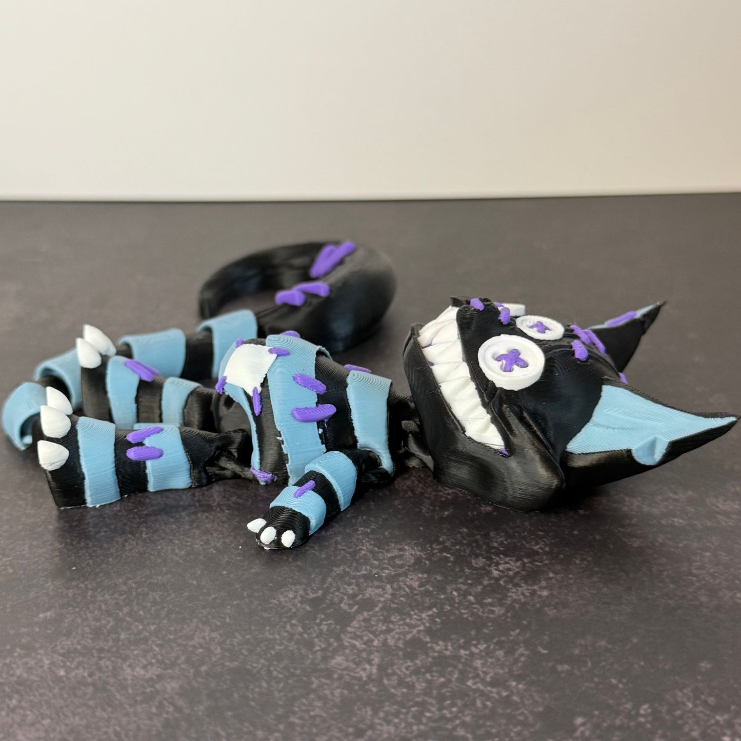 Creepy Stuffed Cat with Button Eyes & Curved Tail – 3D Printed Spooky Halloween Decor