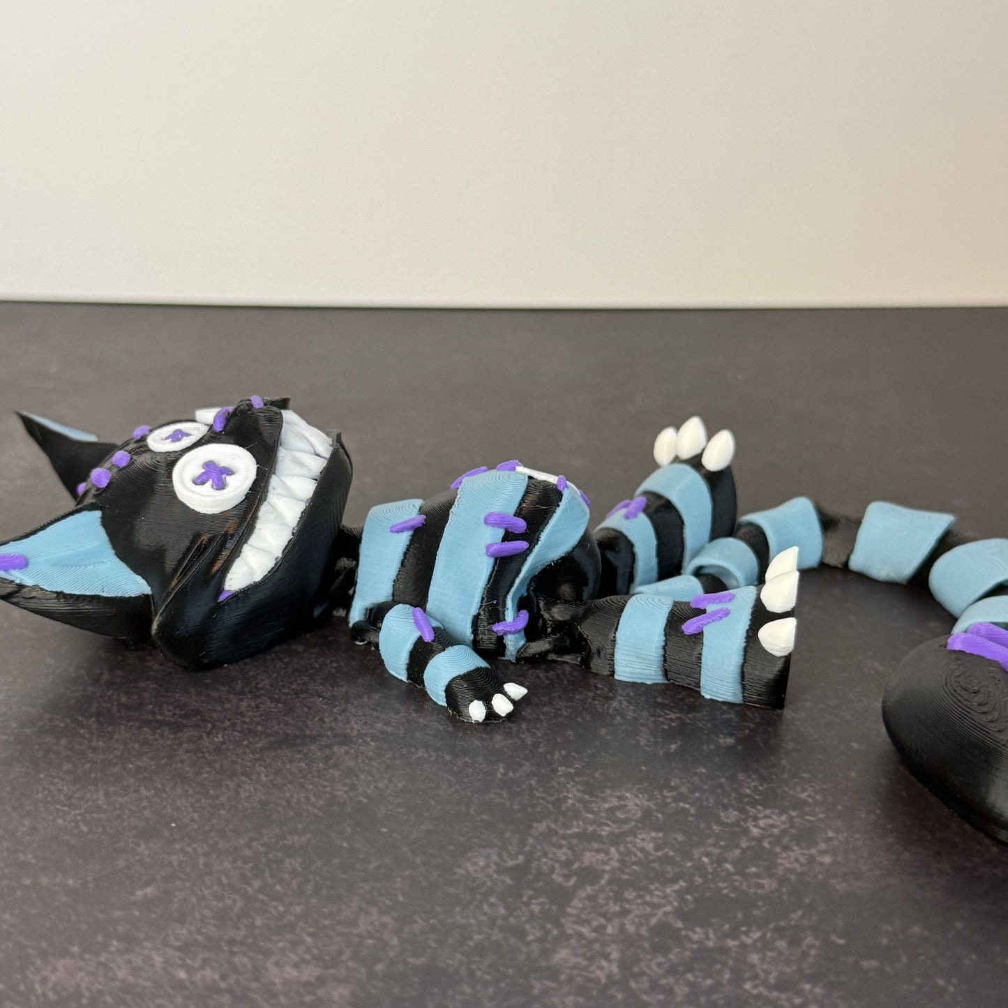 Creepy Stuffed Cat with Button Eyes & Curved Tail – 3D Printed Spooky Halloween Decor