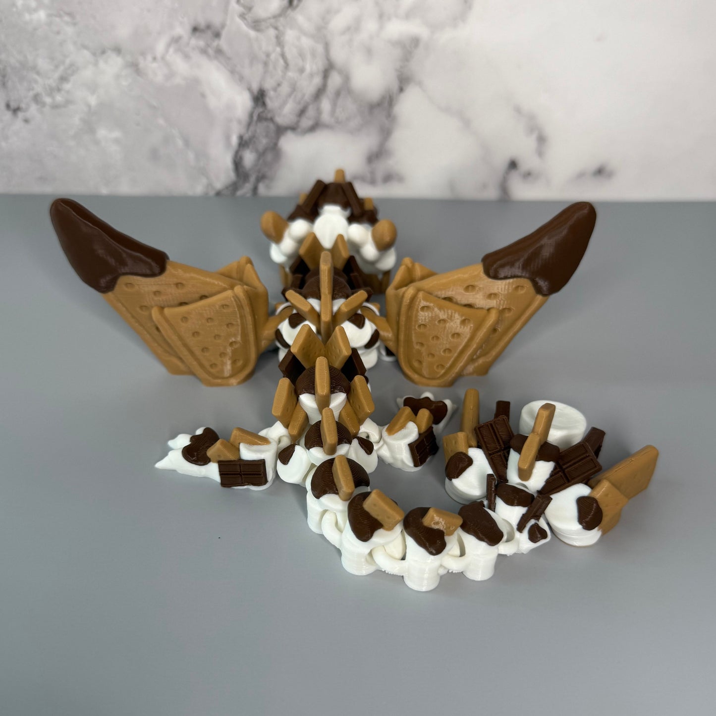 Baby S’mores Dragon – 3D Printed Articulated Marshmallow Campfire Creature – Cute Collectible Fantasy Gift