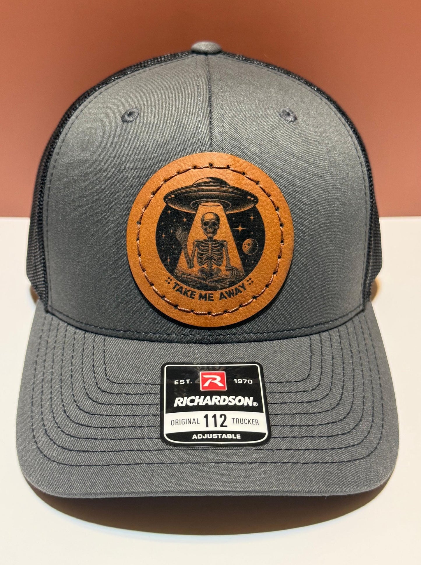 Take Me Away UFO Skeleton Hat – Leatherette Patch Snapback – Alien Skeleton Trucker Cap – Hand Sewn Hat