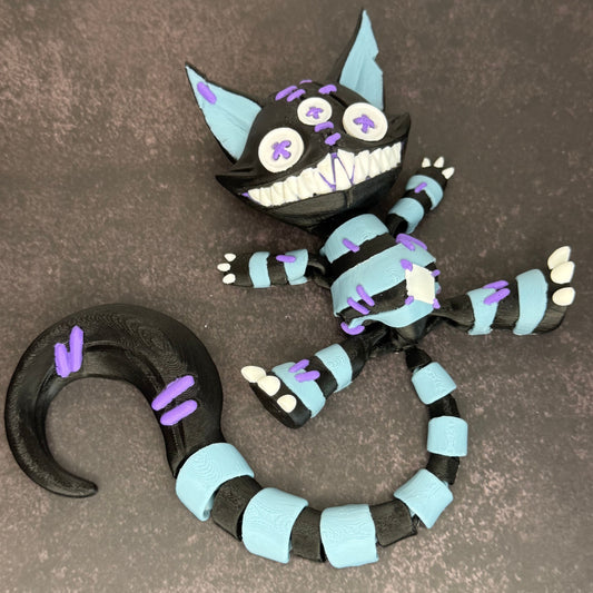 Creepy Stuffed Cat with Button Eyes & Curved Tail – 3D Printed Spooky Halloween Decor