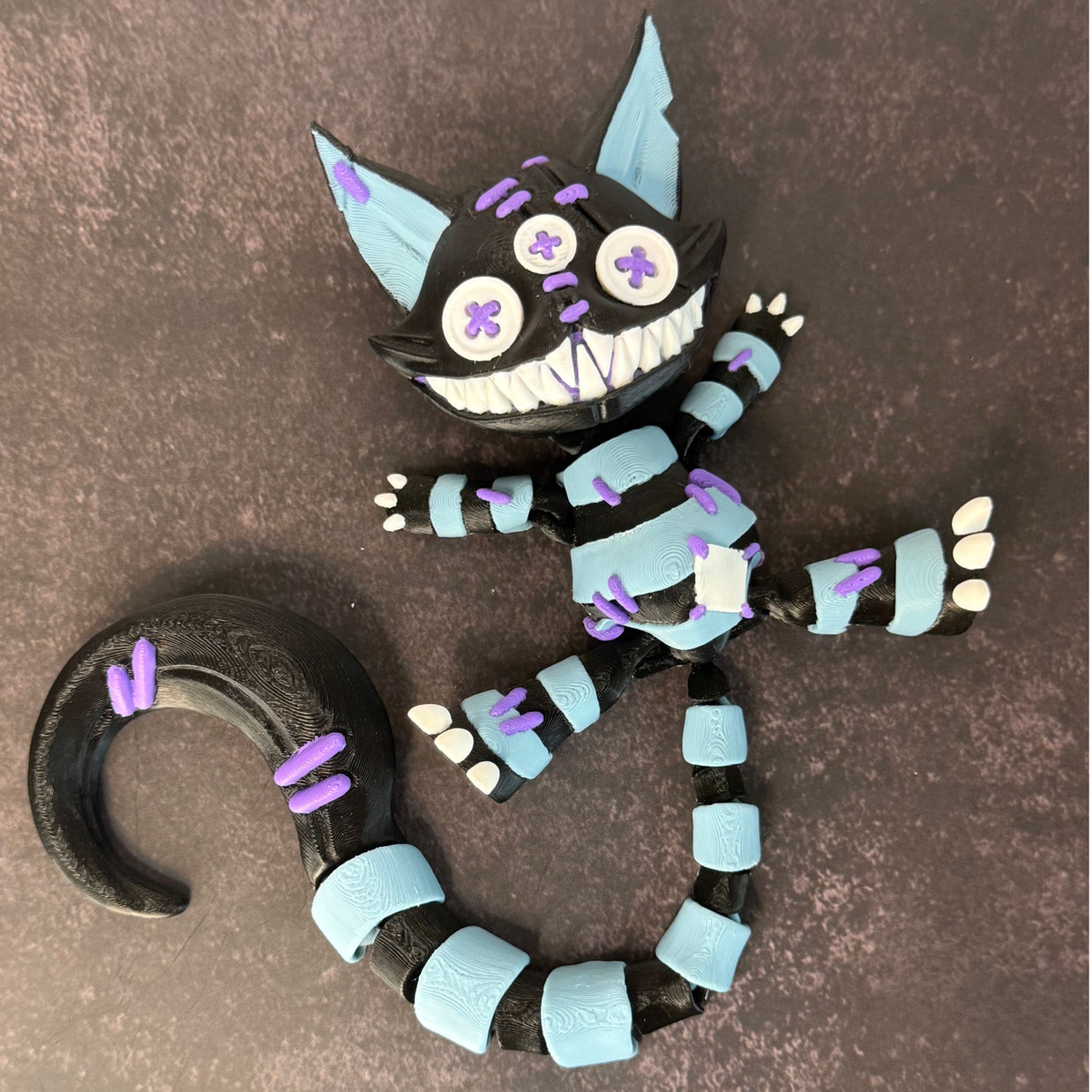 Creepy Stuffed Cat with Button Eyes & Curved Tail – 3D Printed Spooky Halloween Decor