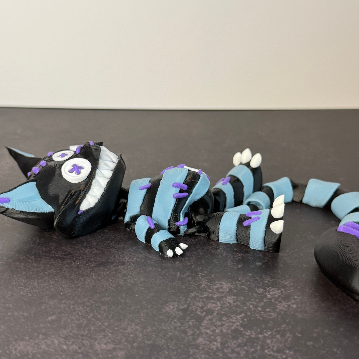 Creepy Stuffed Cat with Button Eyes & Curved Tail – 3D Printed Spooky Halloween Decor