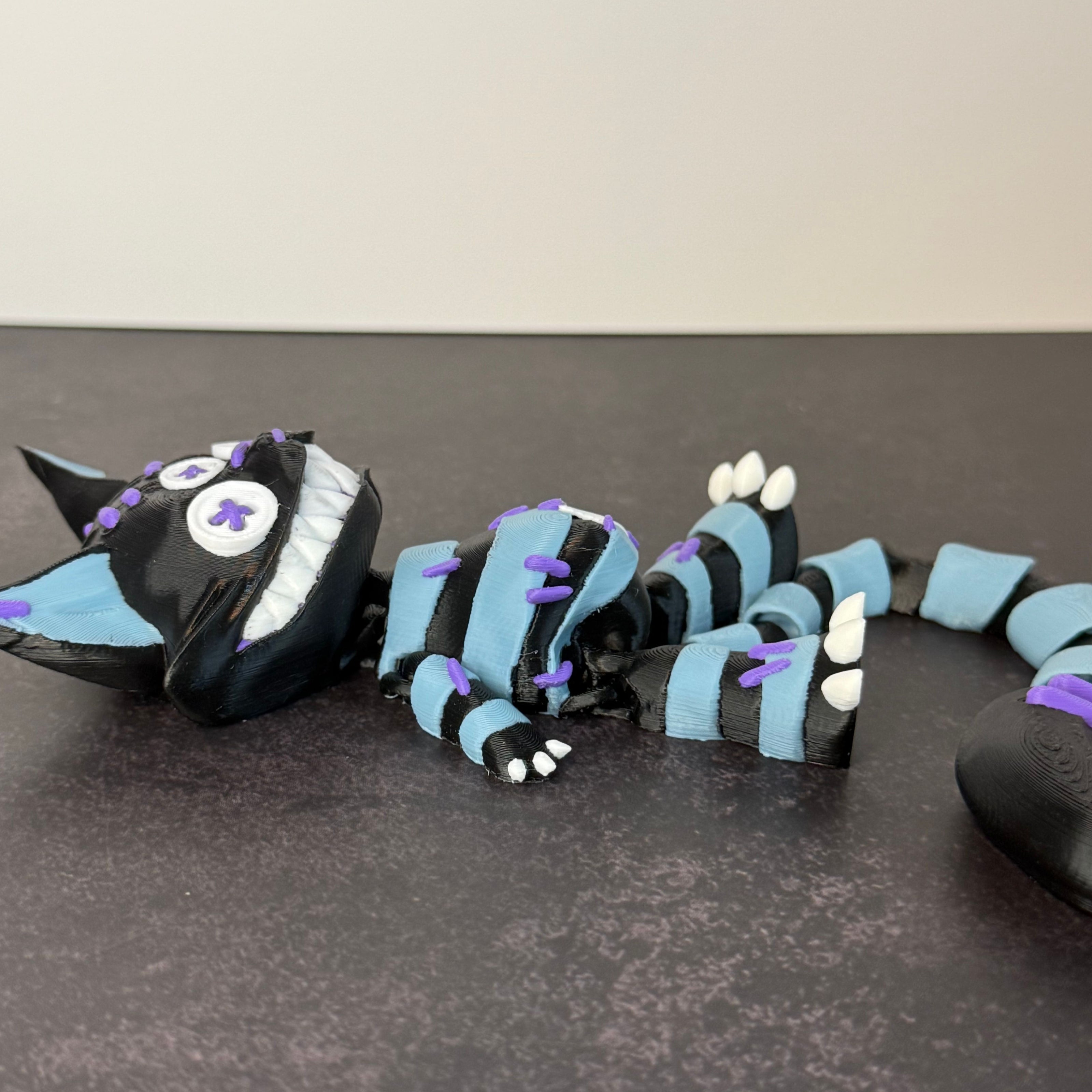 Creepy Stuffed Cat with Button Eyes & Curved Tail – 3D Printed Spooky Halloween Decor
