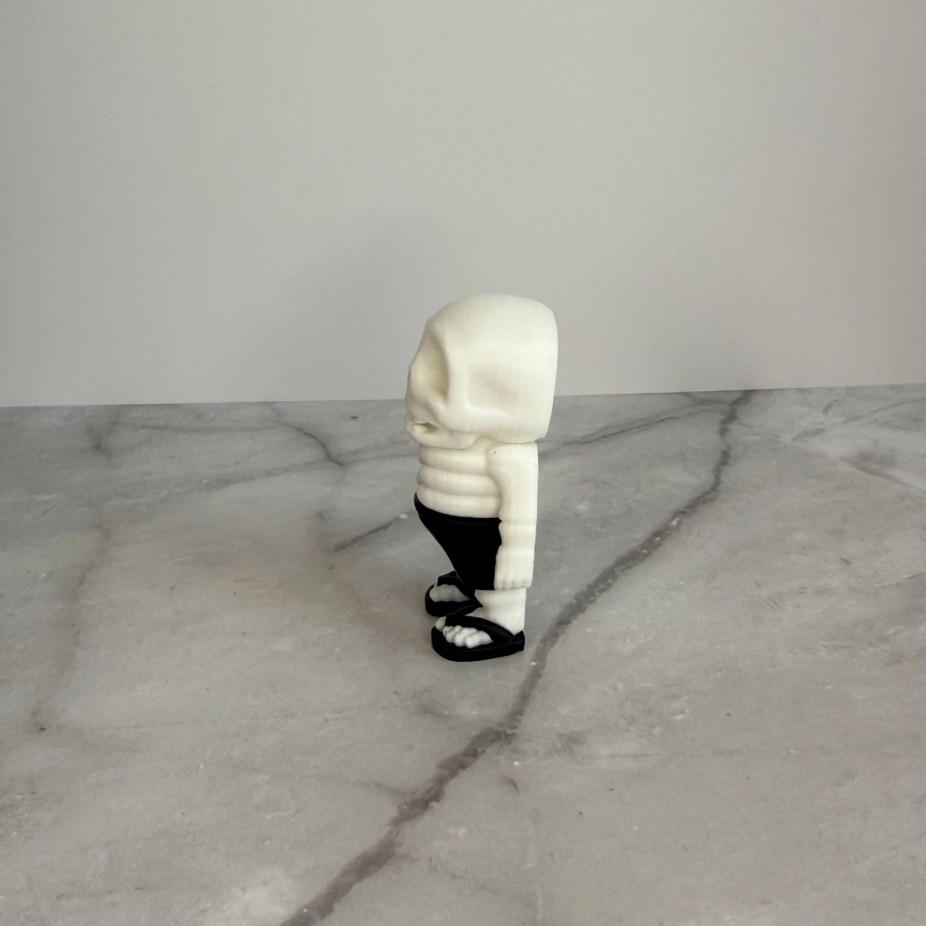 Skeletal figure with a beach ball on a gray background