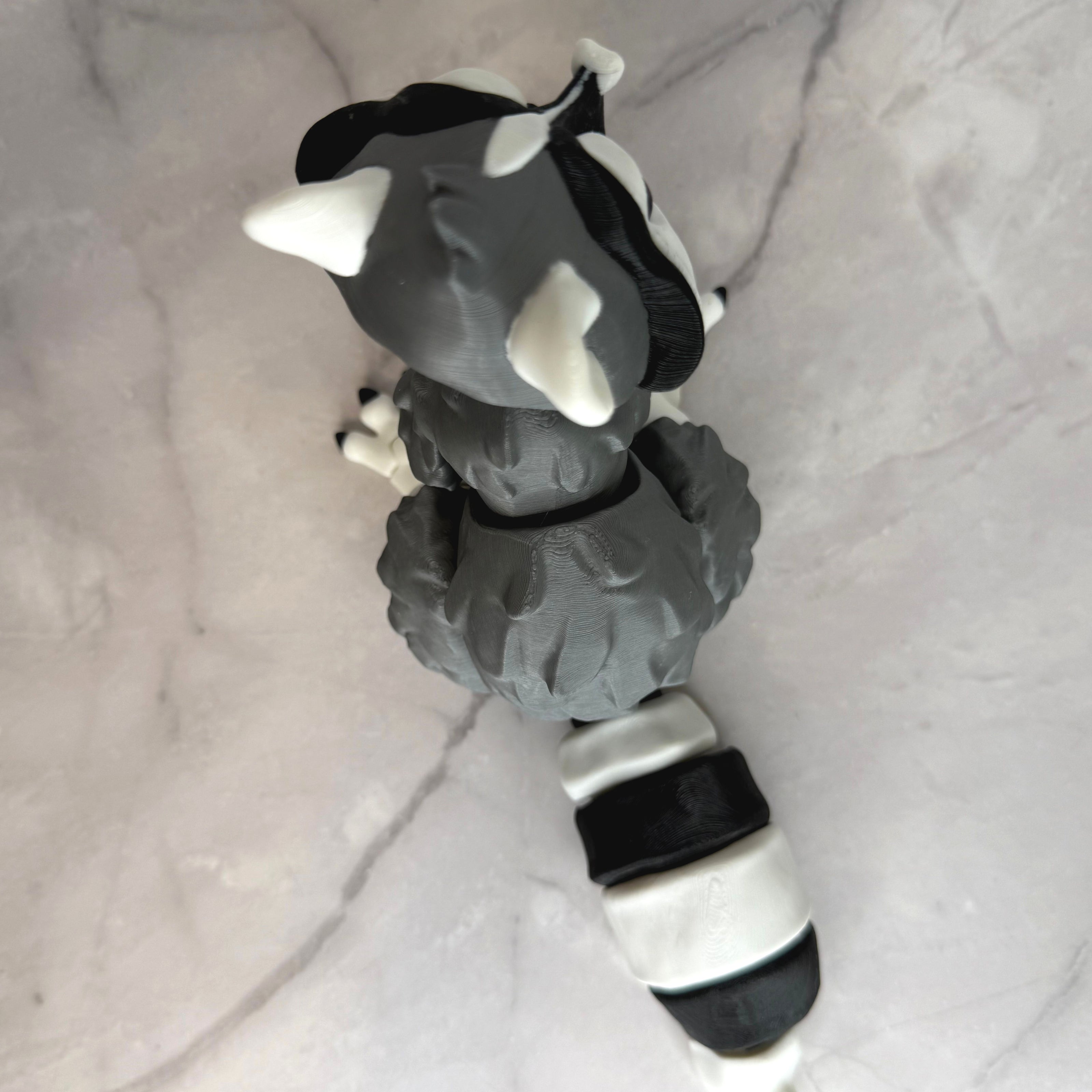 Top of racoon-shaped figure on a gray background