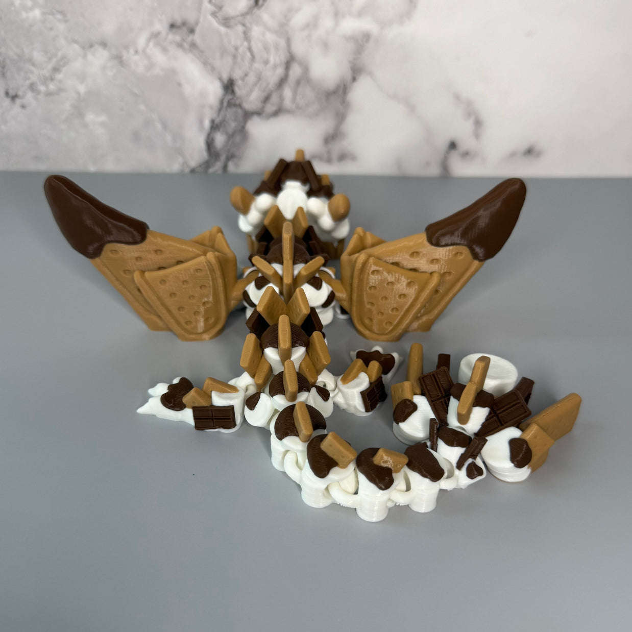 Baby S’mores Dragon – 3D Printed Articulated Marshmallow Campfire Creature – Cute Collectible Fantasy Gift