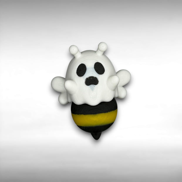 Ghost figure with white wings and a black and yellow bee-shaped lower body on a gray background.