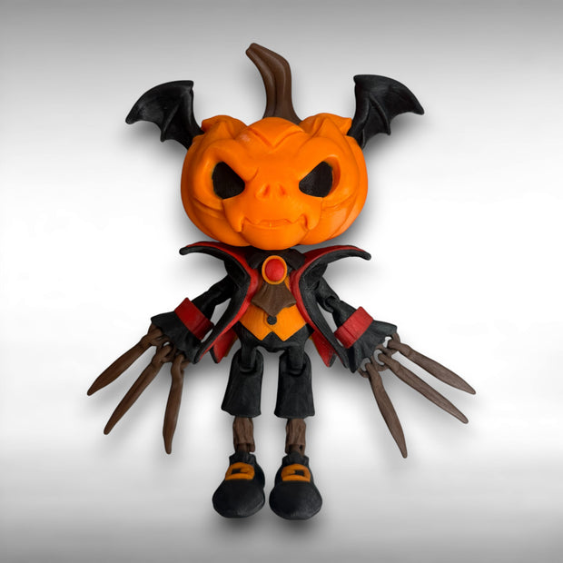 Figure with a head of a pumpkin with bat wings on it, black and red suit, black shoes with orange buckles, and long brown fingers on a gray background
