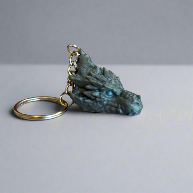 Gray Rock Dragon with Blue Eyes 3D Printed Keychain – Unique Fantasy Dragon Accessory, Durable & Detailed