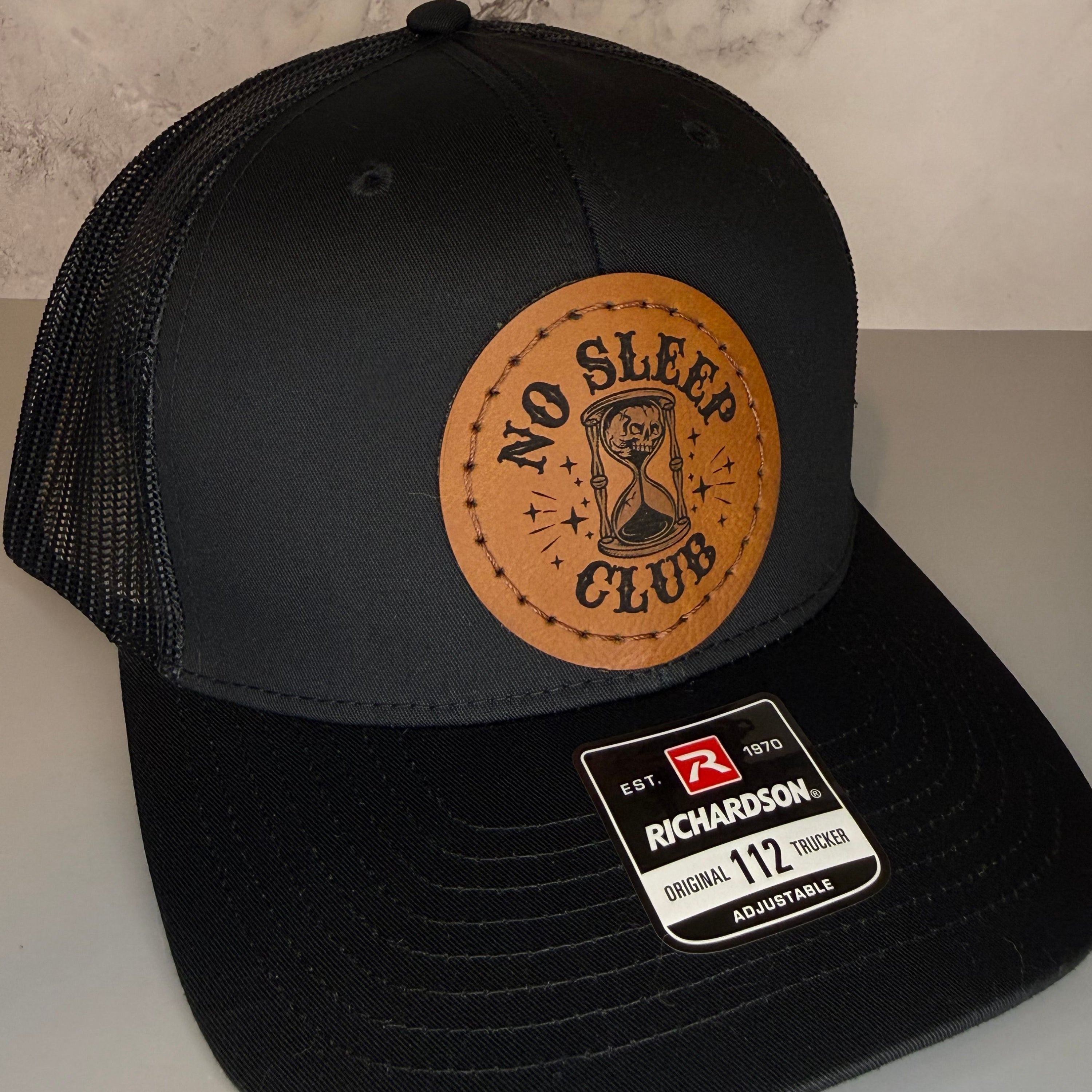 No Sleep Club Hat - Leatherette Patch Snapback Hat, Hand Sewn  Hourglass Gothic Streetwear Cap