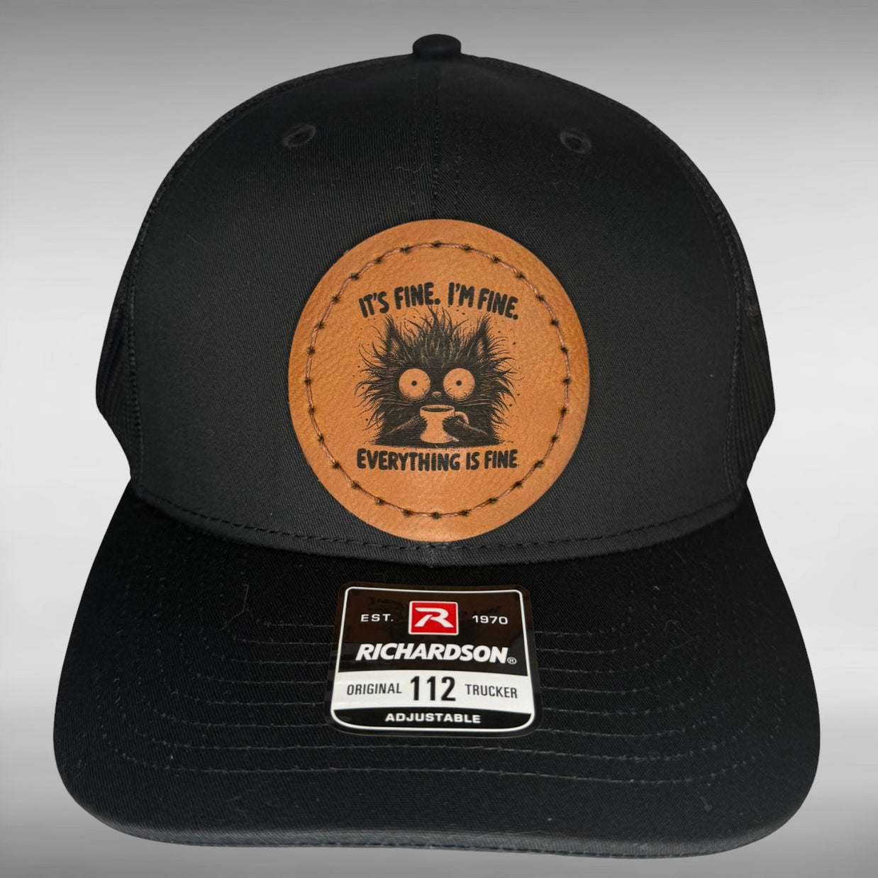 Everything Is Fine Chaos Cat Snapback Hat - Funny Leatherette Patch Cap, Hand Sewn Trucker Hat