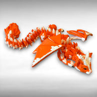 Orange and white 3D printed dragon figurine featuring a hybrid design of a dragon and a cat, against a white background
