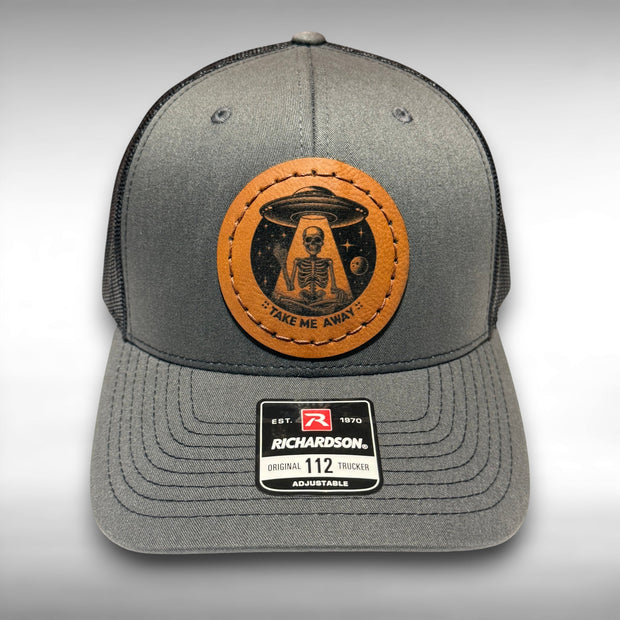 Take Me Away UFO Skeleton Hat – Leatherette Patch Snapback Hand Sewn Hat