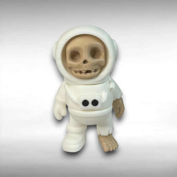 Skeleton in an astronaut suit on a gray background