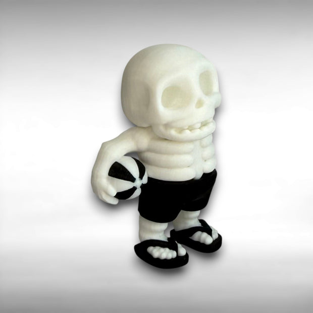 Skeletal figure with a beach ball on a gray background