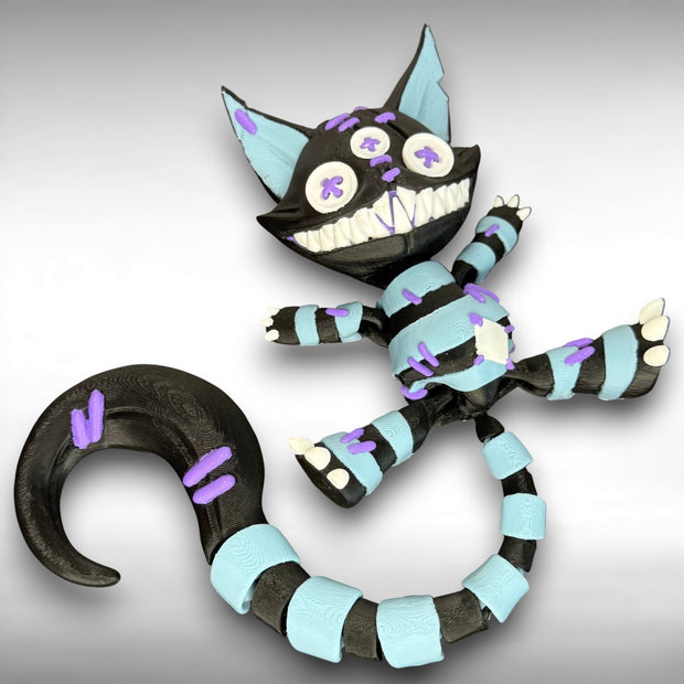 Creepy Stuffed Cat with Button Eyes & Curved Tail – 3D Printed Spooky Halloween Decor