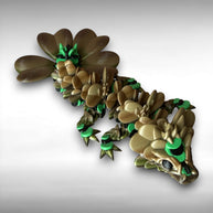 Brown and green 3D printed dragon figure with a clover shaped tail, against a gray background