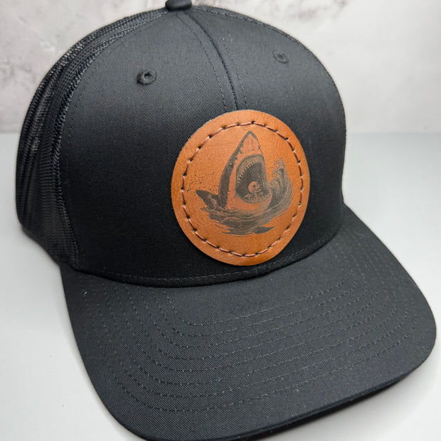 Great White Shark Skeleton Snapback Hat - Hand Sewn Leatherette Patch Cap, Ocean Horror Trucker Hat
