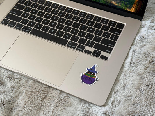 Black Cat Witch Vinyl Sticker – Witch with Bubbling Cauldron Design – Cute Halloween Decal for Laptops, Water Bottles, Phones & More