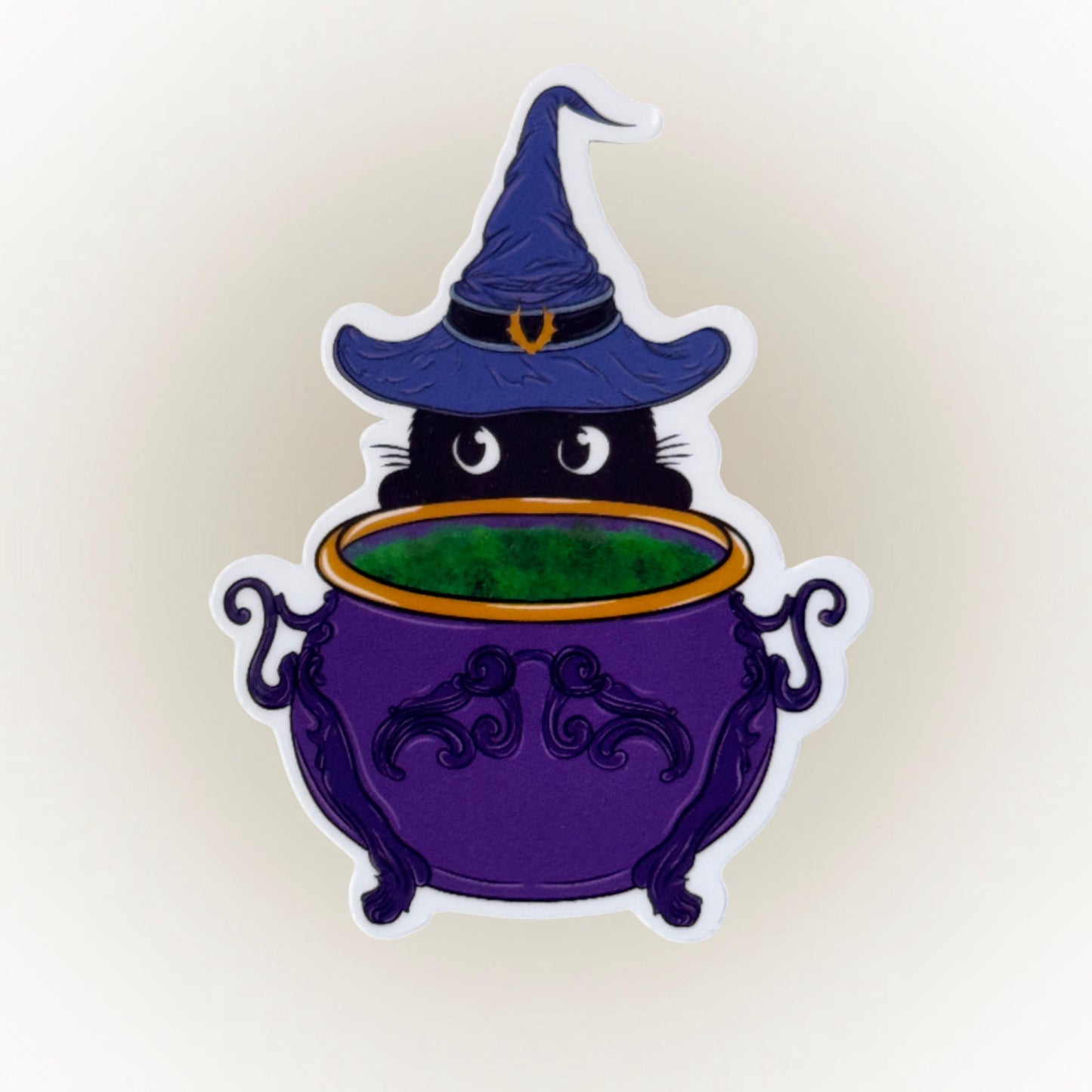 Black Cat Witch Vinyl Sticker – Witch with Bubbling Cauldron Design – Cute Halloween Decal for Laptops, Water Bottles, Phones & More