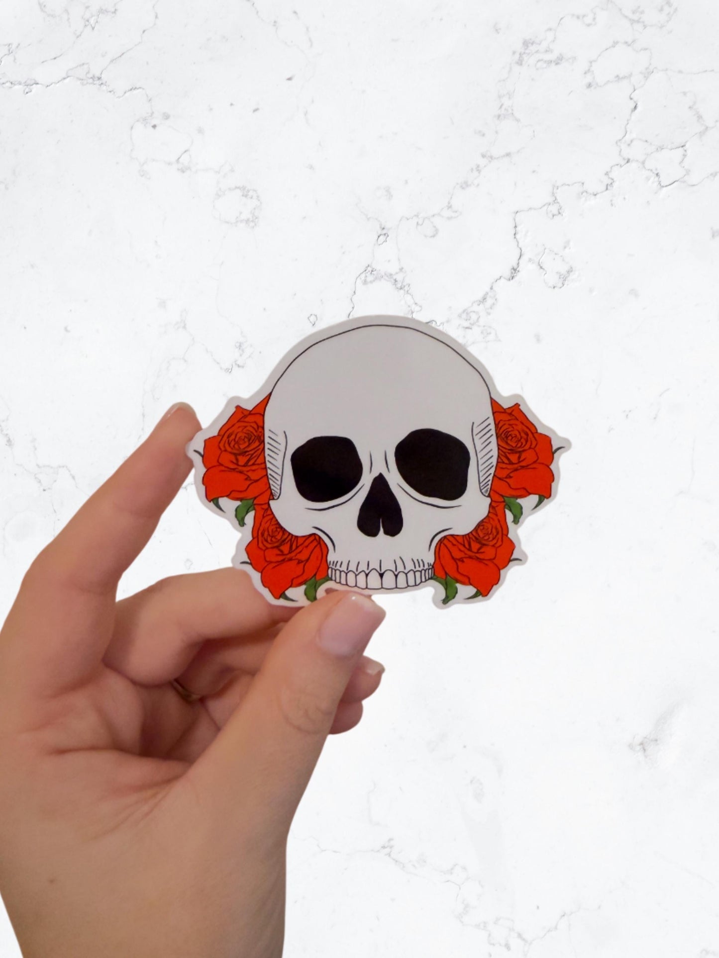 Skull and Roses Vinyl Sticker – Edgy Floral Skull Decal – Gothic, Punk, and Tattoo-Inspired Design – Perfect for Laptop, Water Bottle