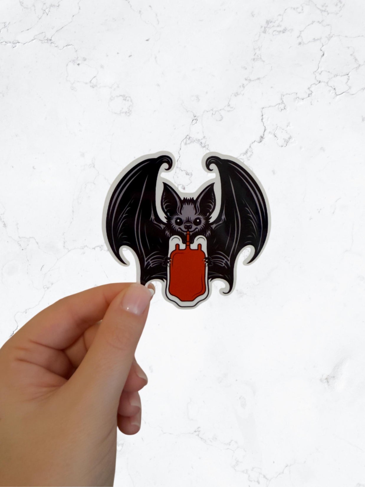 Vampire Bat Drinking Blood Bag Vinyl Sticker - Spooky Halloween Sticker, Dark Aesthetic, Gothic Decor for Laptop or Water Bottle