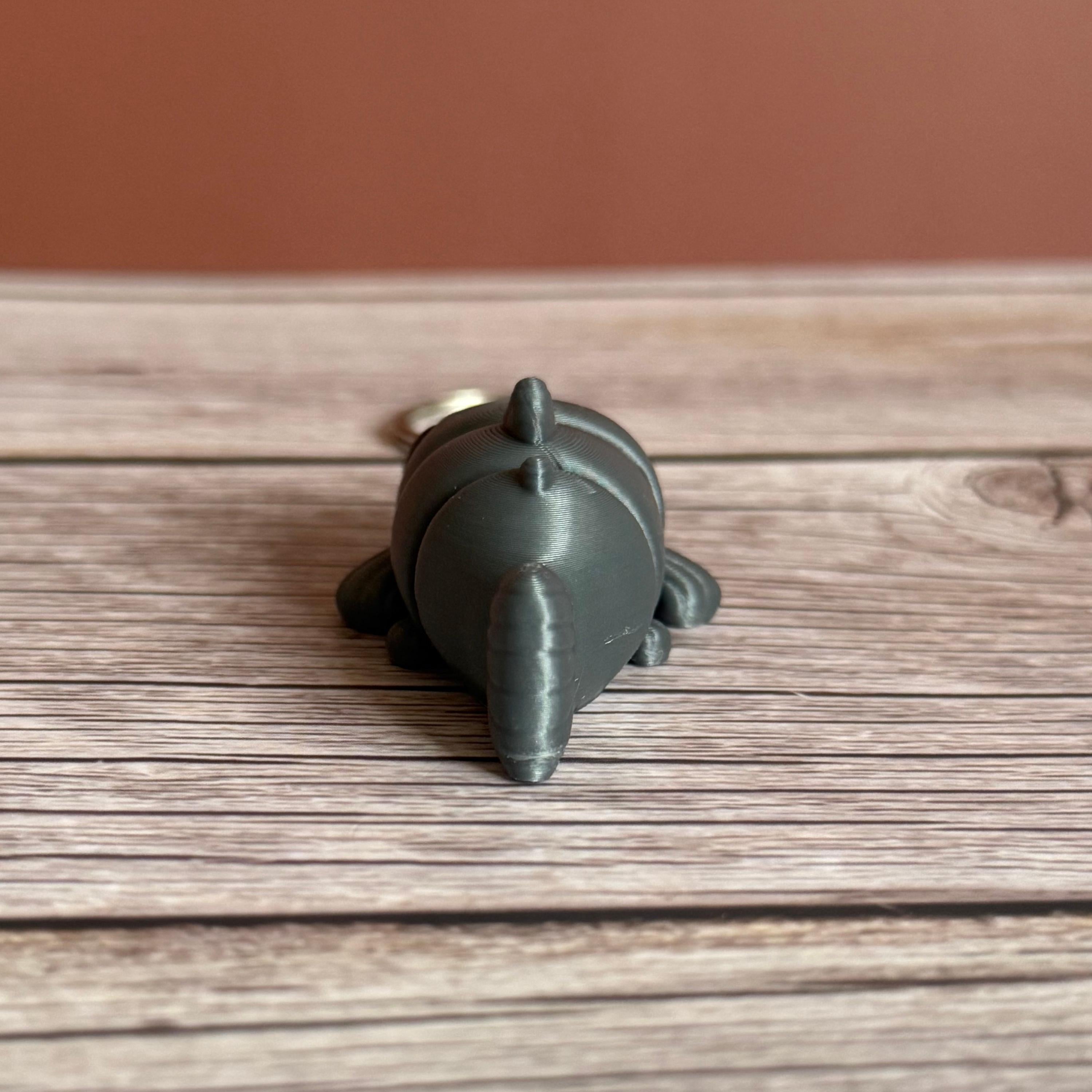 Back of a 3D printed gray catfish-shaped keychain on a wooden surface