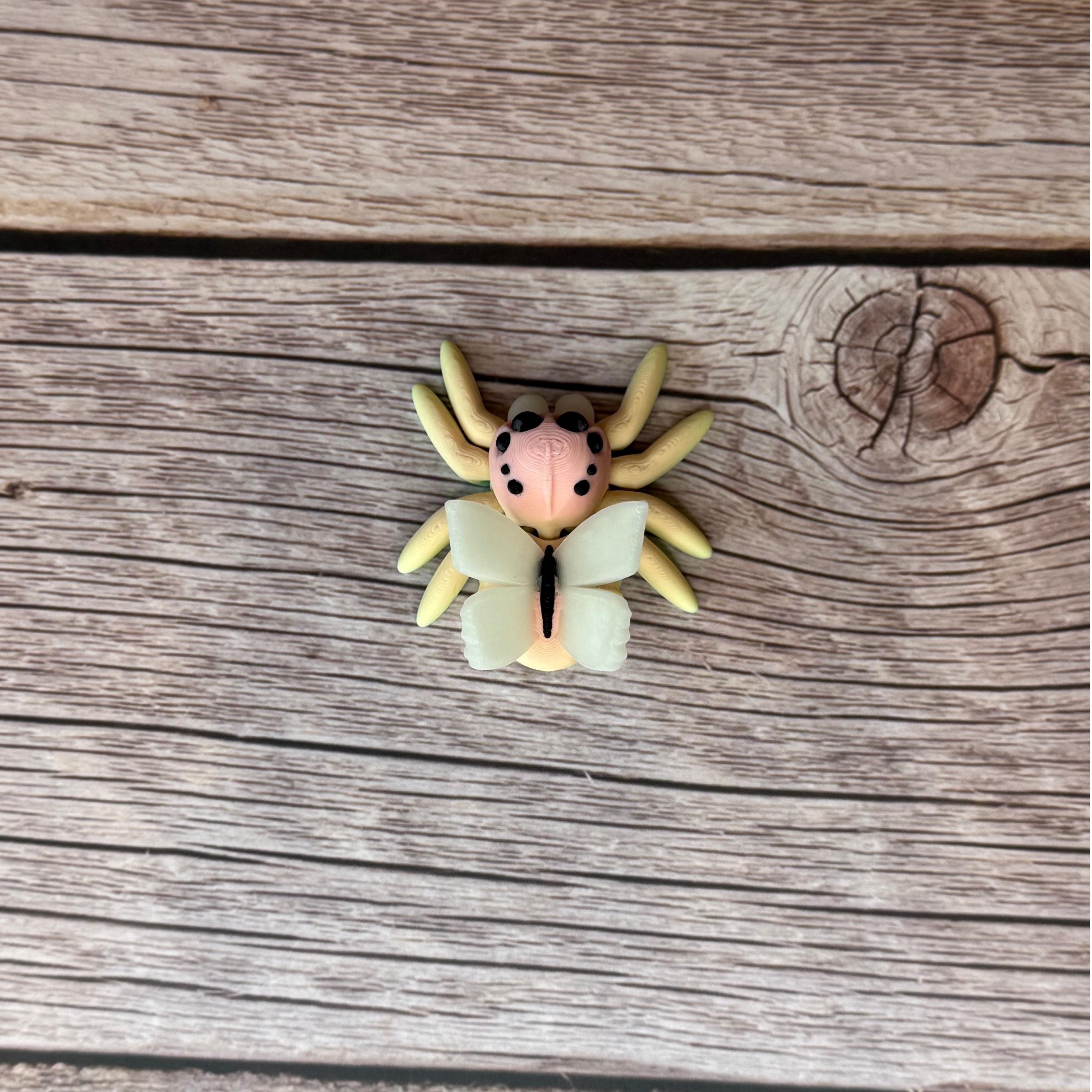 3D printed small spider with fairy design featuring rainbow coloring and white wings, placed on a wooden surface